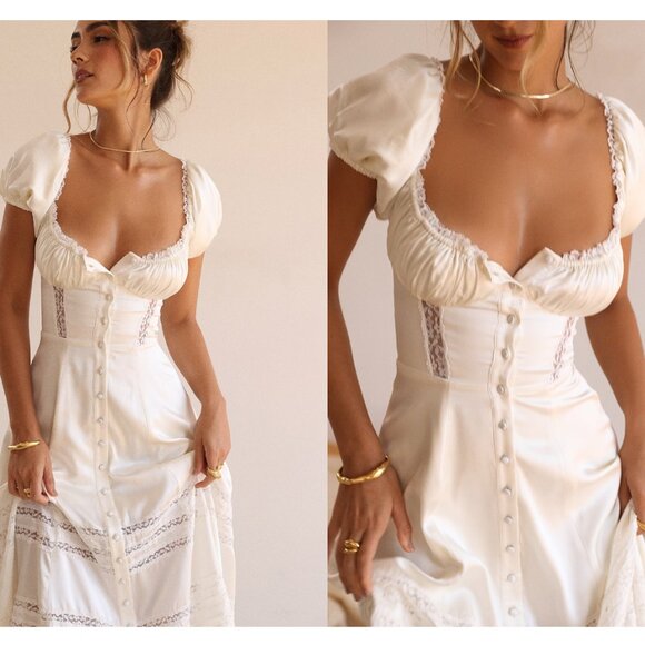 NWT House of CB Eviana Ivory Real Silk Puff Sleeve midi dress - L+ - Picture 3 of 7